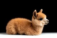 Baby alpaca with light brown fluffy fur lying down on black background, isolated studio portrait showing gentle expression and soft texture of young camelid.
