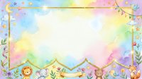 Watercolor pastel baby shower frame with cute animals, gold border, stars, and rainbow clouds, perfect for nursery cards and invitations.