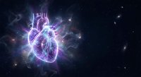 Human heart glowing with purple and pink energy surrounded by cosmic nebula and stars in deep space for medical and science concepts.