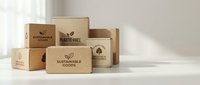 Eco-friendly kraft cardboard boxes with sustainable goods branding stacked in bright studio setting, promoting environmentally conscious packaging and green business practices.