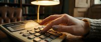 Close-up of hands using calculator for financial calculations in warm office lighting. Business accounting, budgeting and financial planning concept.