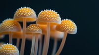 Glowing orange mushrooms with white spotted caps against dark background, macro photography showing delicate details and mystical forest atmosphere.
