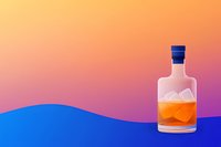 Glass bottle with amber liquid and ice cubes against vibrant gradient sunset sky and blue wave silhouette background, modern minimalist composition for beverage advertising.