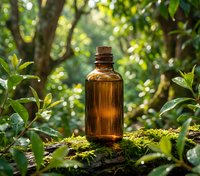 Amber glass bottle with cork stopper on moss-covered log in lush green forest setting with natural sunlight filtering through leaves for aromatherapy products.