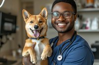 Happy African American veterinarian in scrubs holding adorable Shiba Inu dog in modern clinic. Professional pet healthcare and animal wellness concept.