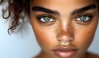 Close up portrait of young woman with striking green eyes, natural freckles, and curly hair against light background. Showcases natural beauty and facial features.