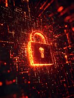 Glowing red padlock symbol in digital matrix space with particles and light effects represents cybersecurity and data protection concept in modern technology.