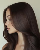 Side profile of young woman with long dark brown silky hair flowing naturally against neutral background. Soft lighting enhances smooth skin texture and gentle features.