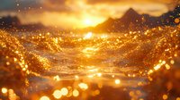 Magical golden sunset over mountain lake with sparkling water surface and glowing bokeh lights creating dreamy atmosphere. Perfect for nature backgrounds.