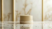Luxurious cream jar with golden glitter on white surface against soft shadow background. Natural cosmetic packaging mockup for skincare and beauty products.