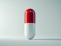 Red and white medical capsule pill standing upright on light background with soft shadow, minimalist pharmaceutical concept for healthcare and medicine.