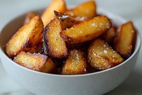 Golden crispy roasted potatoes in white ceramic bowl, close-up food photography showing caramelized edges and seasoned surface for culinary or restaurant menu use.