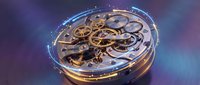 Intricate mechanical clockwork with golden gears and springs surrounded by glowing blue energy effects on dark background for technology concepts.