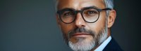 Confident mature businessman with gray hair and beard wearing glasses and dark suit against dark background, professional corporate headshot portrait.