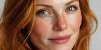 Young redhead woman with freckles and green eyes smiling at camera. Natural beauty portrait for skincare, cosmetics and wellness campaigns.