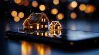 Glowing miniature houses on smartphone screen with bokeh lights background creating magical evening atmosphere, concept of smart home technology.