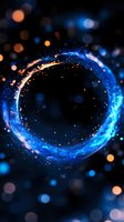 Glowing blue cosmic ring with sparkling particles and orange light bokeh effects on dark background, creating magical space atmosphere for abstract designs.