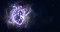 Glowing neon heart anatomy with electric energy waves in cosmic space background for medical education and healthcare design concepts.