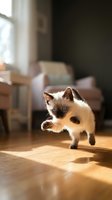 Playful kitten with cream and brown coloring walking across wooden floor in sunlit room with blurred furniture background, capturing curious pet behavior and indoor domestic lifestyle moments.