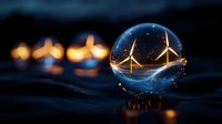 Wind turbines reflected in crystal ball on dark water surface with glowing bokeh lights creating magical atmosphere for renewable energy concept.