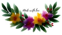 Watercolor floral arrangement with yellow and purple flowers, green leaves and red berries featuring handwritten text Made with love. Decorative botanical design.