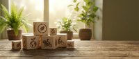 Wooden cubes with eco-friendly symbols stacked on rustic table with green plants in background, representing sustainable business practices and environmental responsibility.