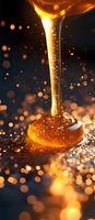 Golden honey dripping from wooden dipper with warm bokeh lights creating magical atmosphere for culinary and wellness content.