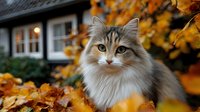 Fluffy tabby cat with white markings sitting among colorful autumn leaves near cozy house with warm lighting creating peaceful seasonal atmosphere.
