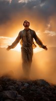 Young man in casual attire standing with arms outstretched against dramatic sunset sky, silhouetted figure emerging from dusty ground with golden sunlight and dark clouds.