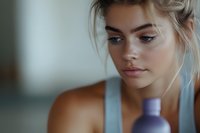 Young Caucasian woman with natural makeup and blonde hair in messy bun wearing athletic tank top, soft moody lighting creates intimate atmosphere for wellness and beauty content.