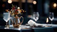 Elegant silver teapot with autumn floral arrangement on dark blue tablecloth in luxury restaurant setting with wine glasses and soft bokeh lighting creates romantic mood.