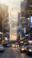 Financial market bubbles floating over blurred city street with trading charts and graphs displayed inside transparent spheres at sunset.
