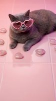 Gray cat wearing pink heart-shaped sunglasses on pink tiled floor with scattered rose petals for Valentine's Day romance themed pet photography.