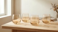Four elegant amber-tinted stemless wine glasses arranged on natural wood table in bright minimalist kitchen interior with warm sunlight streaming through window.