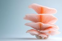 Delicate pink oyster mushrooms arranged in elegant layers against soft blue background, showcasing natural organic textures and patterns in minimalist style.