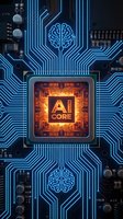 Futuristic AI processor chip with glowing brain circuits on blue motherboard. Advanced artificial intelligence technology concept for computing innovation.