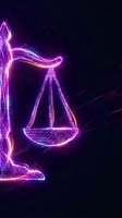 Digital justice scales glowing with neon purple light effects and circuit patterns on dark background for legal technology concepts.