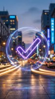 Glowing neon checkmark symbol in transparent sphere floating above busy city street at dusk with blurred traffic lights and urban buildings in background.
