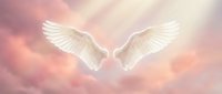 Pair of white angelic wings spread wide against soft pink and cream clouds, symbolizing spirituality, peace, and divine protection for wellness and inspirational designs.