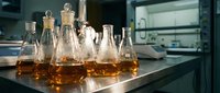 Young scientist examining amber liquid samples in glass bottles and flasks on laboratory counter, conducting chemical analysis and research in modern scientific facility.