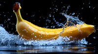 Fresh yellow banana with dynamic water splash and droplets against dark background, dramatic lighting creates contrast between fruit and liquid motion.