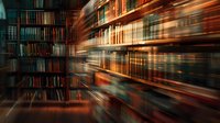Library bookshelves with dynamic motion blur effect creating dramatic perspective. Warm lighting highlights book spines in orange and teal tones against dark wooden shelving.