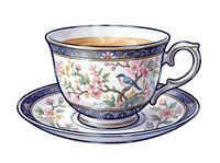 Vintage teacup with saucer featuring ornate floral and bird motifs, navy blue borders, and delicate porcelain design. Isolated on white background, ready for design projects.