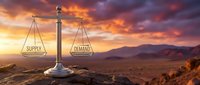 Balance scale with supply and demand concept against dramatic sunset sky over desert landscape for economic analysis and market research presentations.