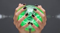 Hands holding glowing green digital sphere with neon light effects and circuit patterns, representing technology, innovation, and digital transformation for web and marketing use.