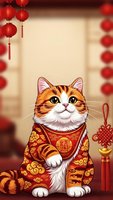 Adorable orange tabby cat wearing traditional Chinese New Year outfit with red lanterns and decorations for festive celebration and holiday greeting cards.