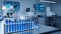 Modern laboratory with blue test tubes in rack on metal table, scientific research equipment and monitors in background for medical analysis.