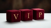 Three luxury burgundy velvet cubes with golden VIP letters arranged on white surface against dark background for premium service concepts.