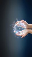 Hands protecting glowing digital sphere with network connections and light effects on dark blue gradient background for technology and innovation concepts.
