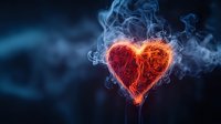 Glowing red heart shape formed by fire and smoke against dark background, surrounded by ethereal blue smoke trails creating romantic atmospheric effect.